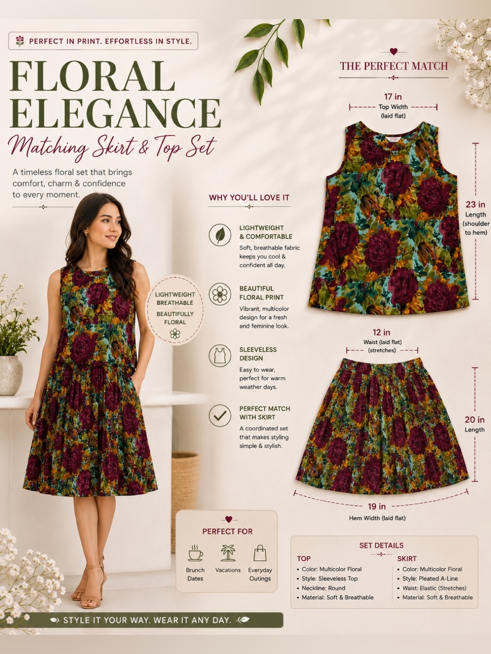 American Vintage Multicolor Floral A-Line Skirt & Top Set